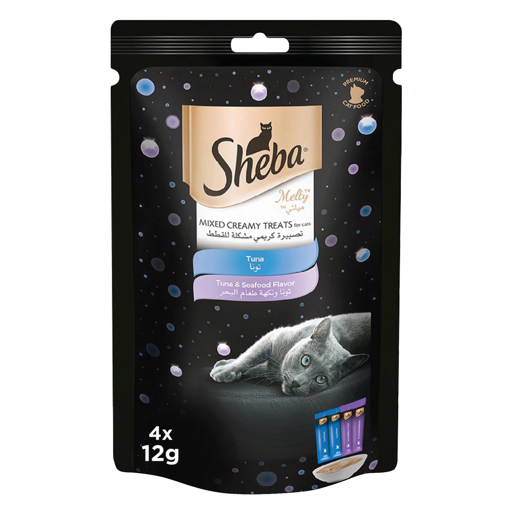 Sheba Cat Food, Melty Mixed Creamy Treats Tuna & Tuna & Seafood Flavor, Pack of 4x12g