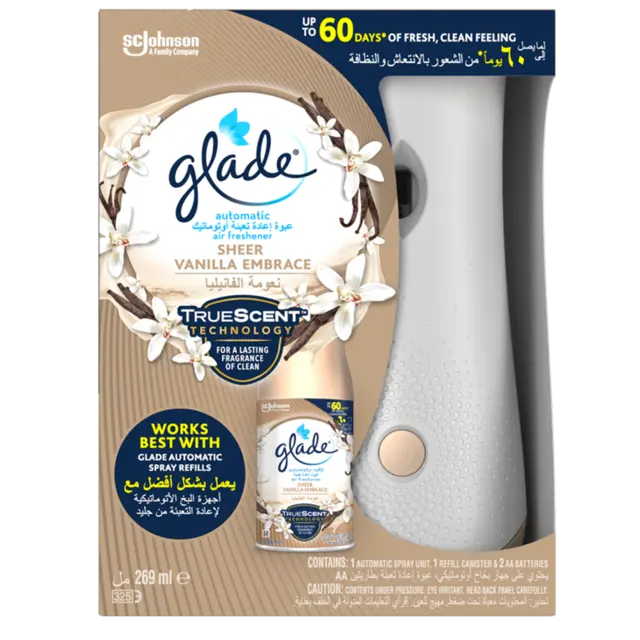 Glade Automatic Air Freshener Spray Holder with Scented Sheer Vanilla Embrace Refill Starter Kit, 269ml