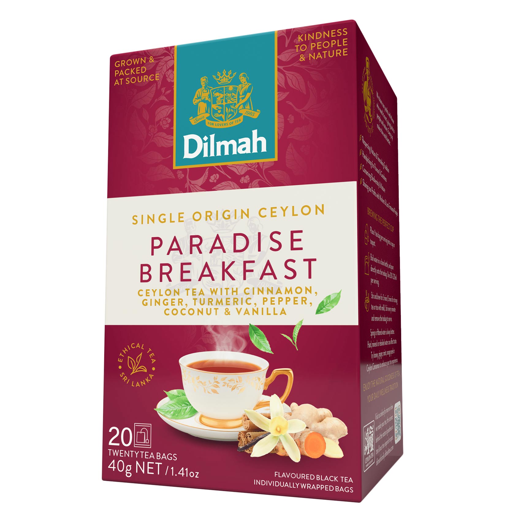 Dilmah Single Origin Ceylon Flavoured Black Tea – Paradise Breakfast (Cinnamon, Ginger, Turmeric, Pepper, Coconut & Vanilla) – 20 Tea Bags (40 g)