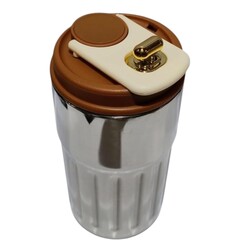 B & D Vacuum Insulated Stainless Steel Coffee Cup Faceted Design with Brown Lid 460 ml
