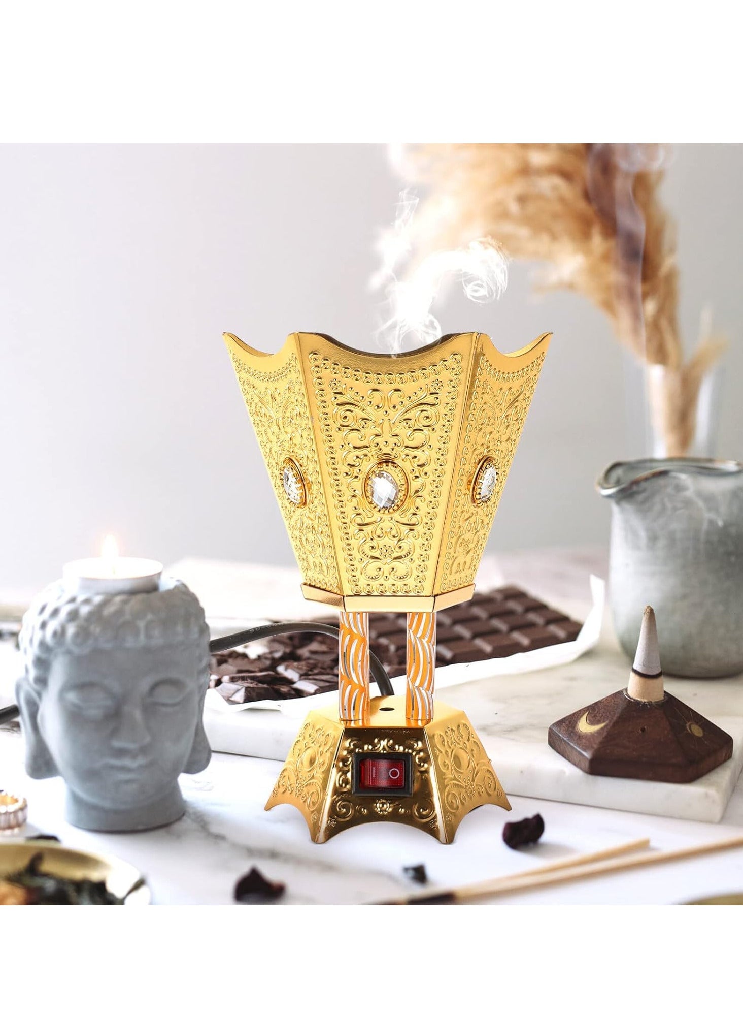 REFURA Electric Incense Burner - Plug-in Incense Burner - Retro Burner Ornament Arabic Decor Aroma Centerpiece Gold RE-4632